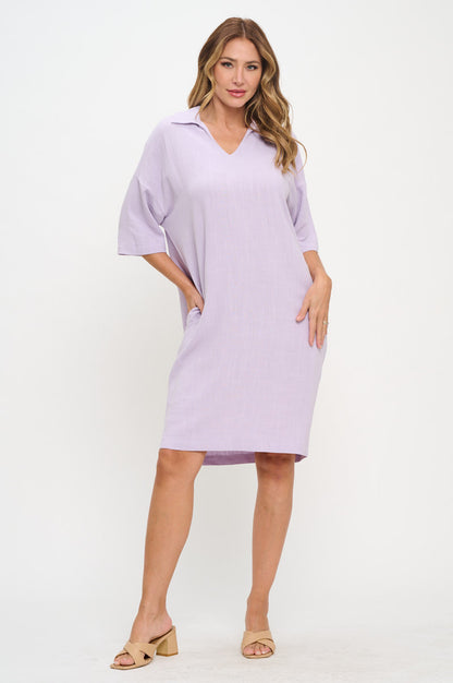 Linen V neck Collared Dress with Pockets-4