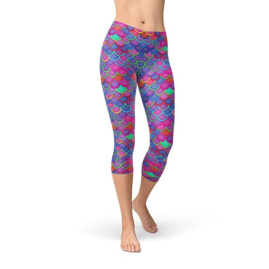 Women Purple Pink Mermaid Capri Leggings