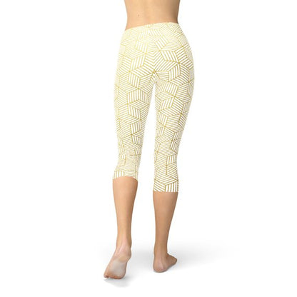 Women White Capri Leggings w/ Geometric Cubes