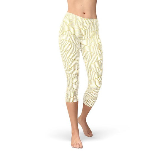 Women White Capri Leggings w/ Geometric Cubes