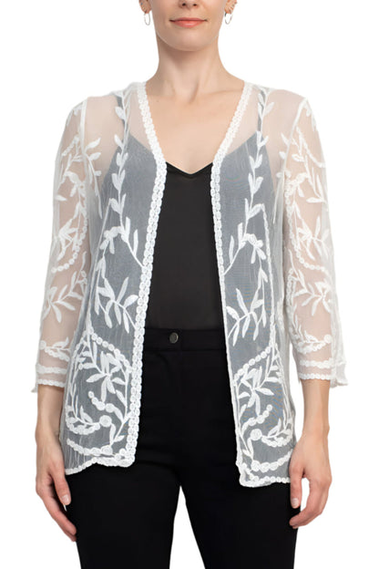 Nina Leonard V-Neck Open Front 3/4 Sleeve Floral Embroidered Mesh Jacket