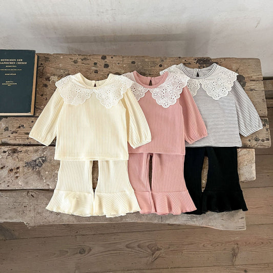 Spring Baby Kids Girls Hollow-Out Collar Top And Flared Pants Clothing-0
