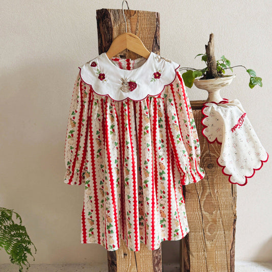 Autumn Arrival Baby Kids Girls Rabbits and Striped Pattern Long Sleeves Dress with Collar-0