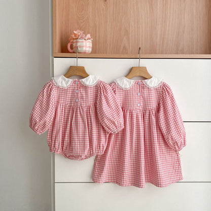 Arrival Spring and Autumn Plaid Pattern Baby Kids Girls Onesies and Dress – Princess Sister Matching Set-3