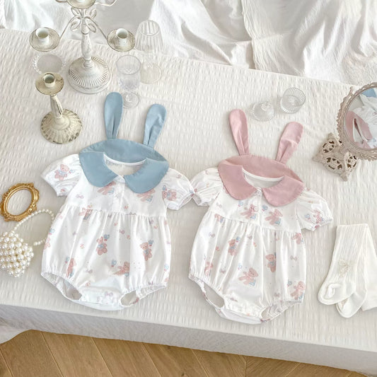 Summer Arrival Baby Girls Short Sleeves Thin Teddy Pattern bodysuit-0