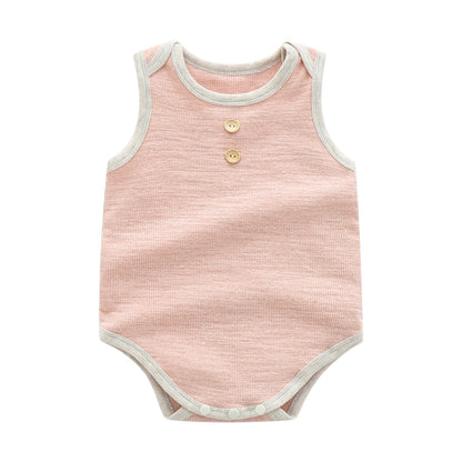 Baby Boy Solid Color Neck Buttoned Design Sleeveless Round Collar bodysuit-3