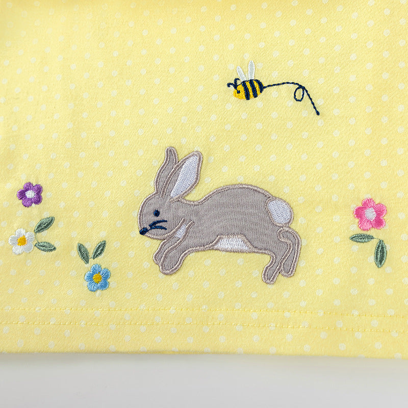 Autumn Arrival Cartoon Rabbits and Flowers Pattern Long Sleeves Crew Neck Dress for Stylish Girls-4