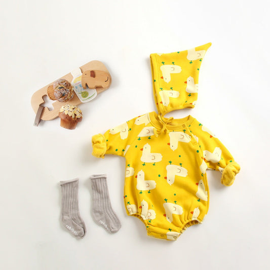 Baby 1pcs Cartoon Duck Print Button Front Rompers & bodysuit With Triangle Hats-0