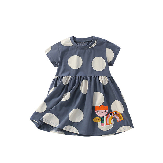 Summer Arrival Flowers Cartoon and Polka Dots Pattern Short Sleeves Dress for Stylish Girls-0