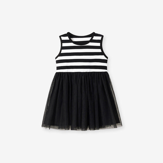 Summer Arrival Striped Pattern Sleeveless Tulle Patchwork Dress for Stylish Girls-0