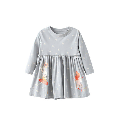 Autumn Arrival Baby Kids Girls Floral and Animals Pattern Long Sleeves Crew Neck Dress-0