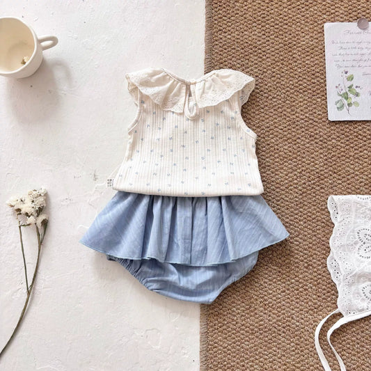 Summer Hot Selling Baby Kids Girls Sleeveless Butterfly-bows Pattern Vest and Bloomers Clothing Set-0