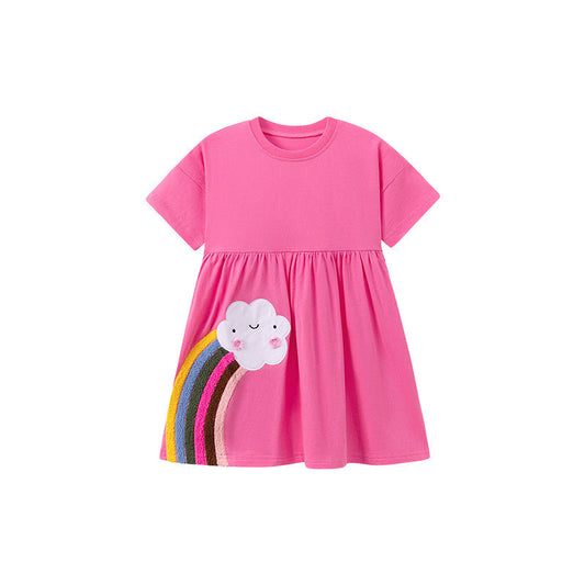 Summer Arrival Rainbow and Cartoon Pattern Short Sleeves Dress for Stylish Girls-0