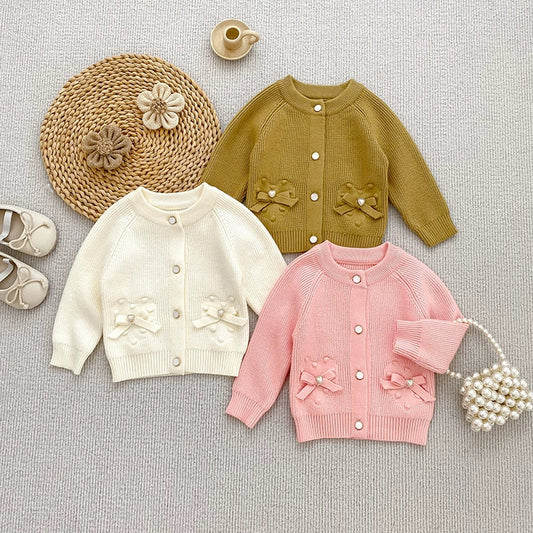 Autumn Arrival Baby Girls Comfortable Butterfly-bows Decorated Knitted Long Sleeves Cardigan-0