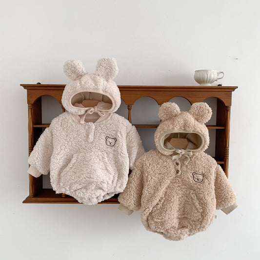 Winter and Autumn Arrival Baby Unisex Long Sleeves Cartoon Pattern Fluffy bodysuit with Hat-0