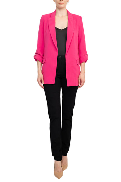 T Tahari Lapel Collar 3/4 Roll Sleeve Open Front Woven Jacket