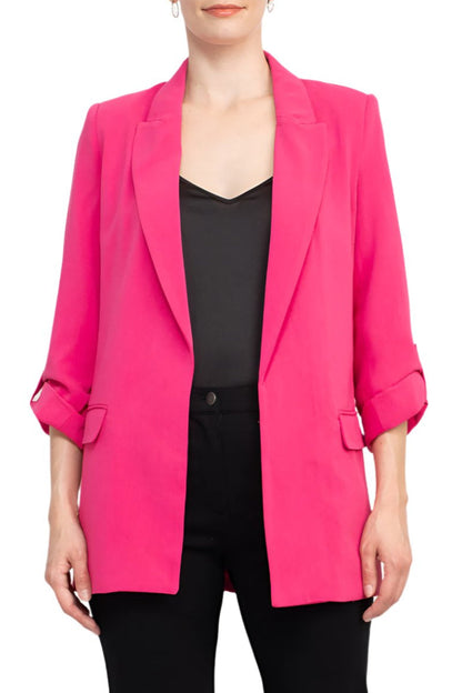 T Tahari Lapel Collar 3/4 Roll Sleeve Open Front Woven Jacket