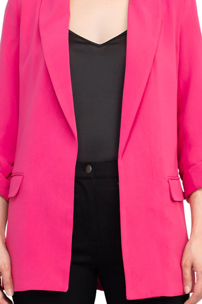 T Tahari Lapel Collar 3/4 Roll Sleeve Open Front Woven Jacket