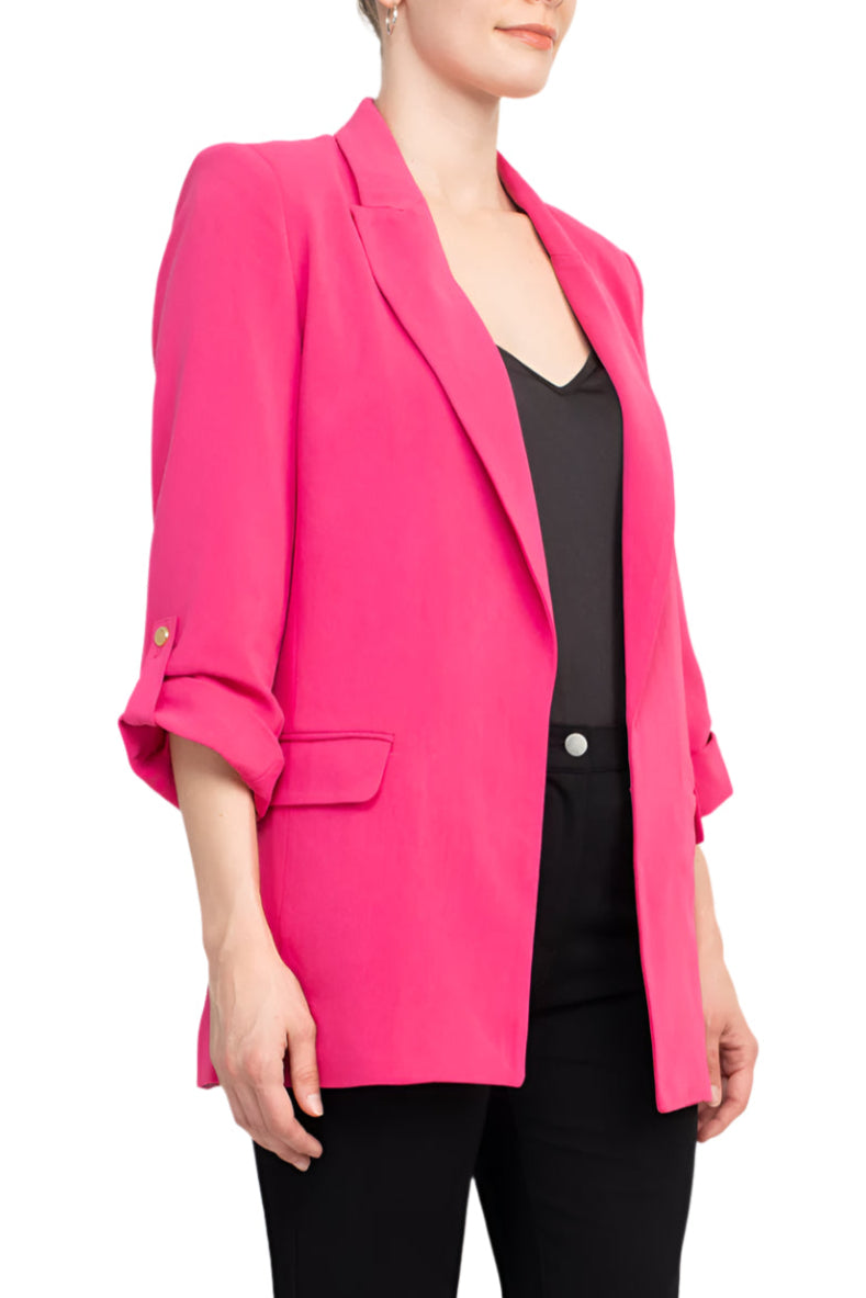 T Tahari Lapel Collar 3/4 Roll Sleeve Open Front Woven Jacket