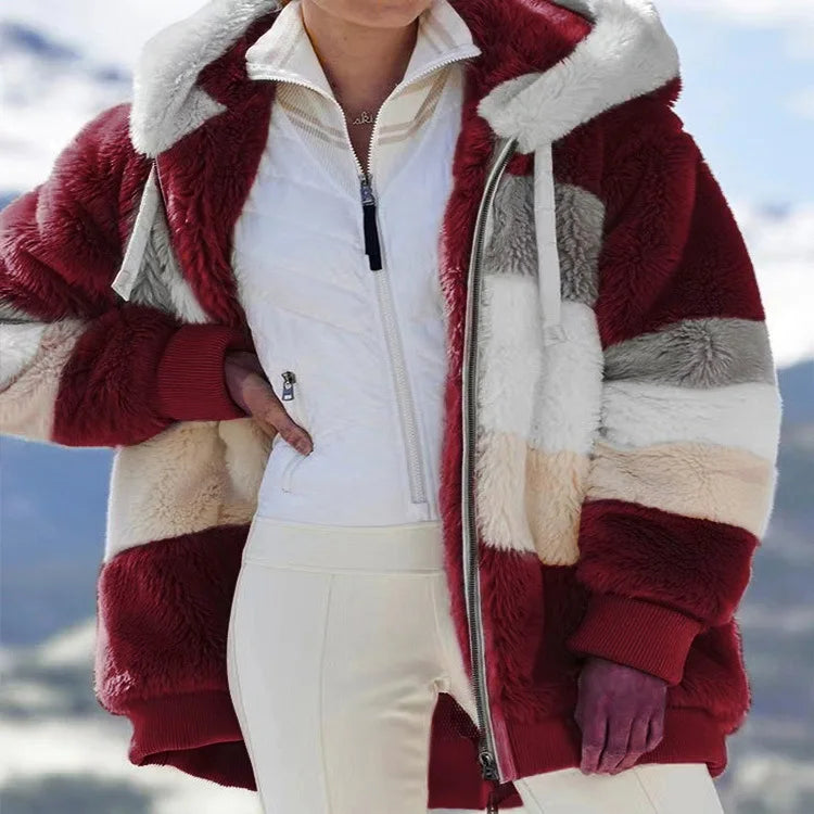 Europe and America 2023 Autumn and Winter Warm Plush Panel Zipper Pocket Hooded Loose Coat Women