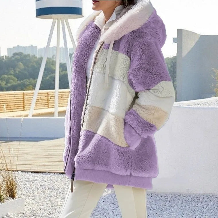 Europe and America 2023 Autumn and Winter Warm Plush Panel Zipper Pocket Hooded Loose Coat Women