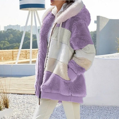Europe and America 2023 Autumn and Winter Warm Plush Panel Zipper Pocket Hooded Loose Coat Women