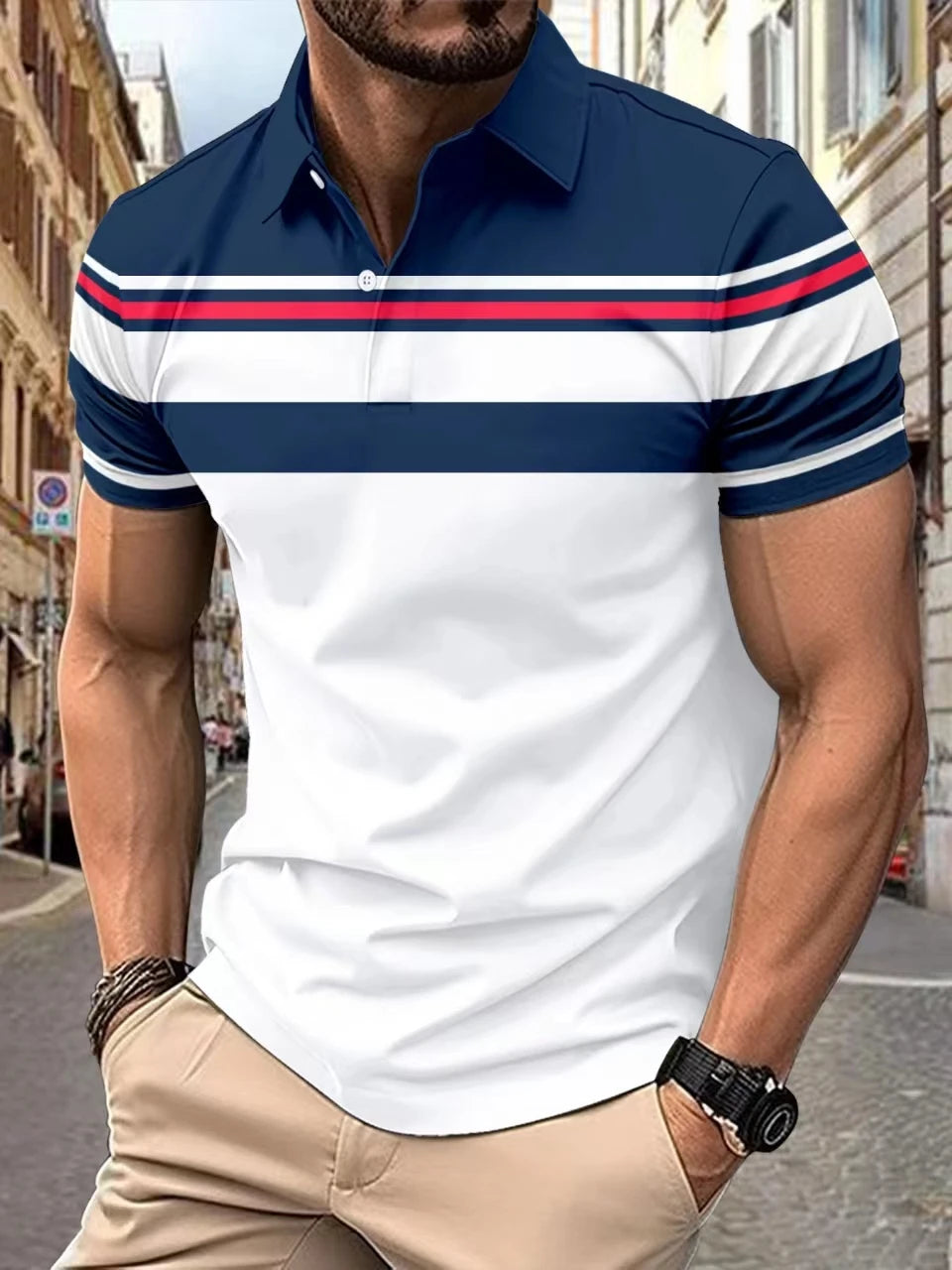 2024 Summer Best-Selling Men's Polo Shirt Lapel Print Men's Clothing Striped Polo Shirt Casual Sports Street Men's T-Shirt