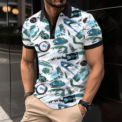2024 Summer Best-Selling Men's Polo Shirt Lapel Print Men's Clothing Striped Polo Shirt Casual Sports Street Men's T-Shirt