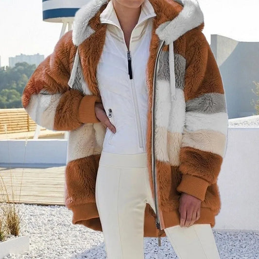 Europe and America 2023 Autumn and Winter Warm Plush Panel Zipper Pocket Hooded Loose Coat Women