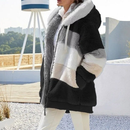 Europe and America 2023 Autumn and Winter Warm Plush Panel Zipper Pocket Hooded Loose Coat Women