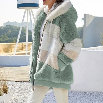 Europe and America 2023 Autumn and Winter Warm Plush Panel Zipper Pocket Hooded Loose Coat Women