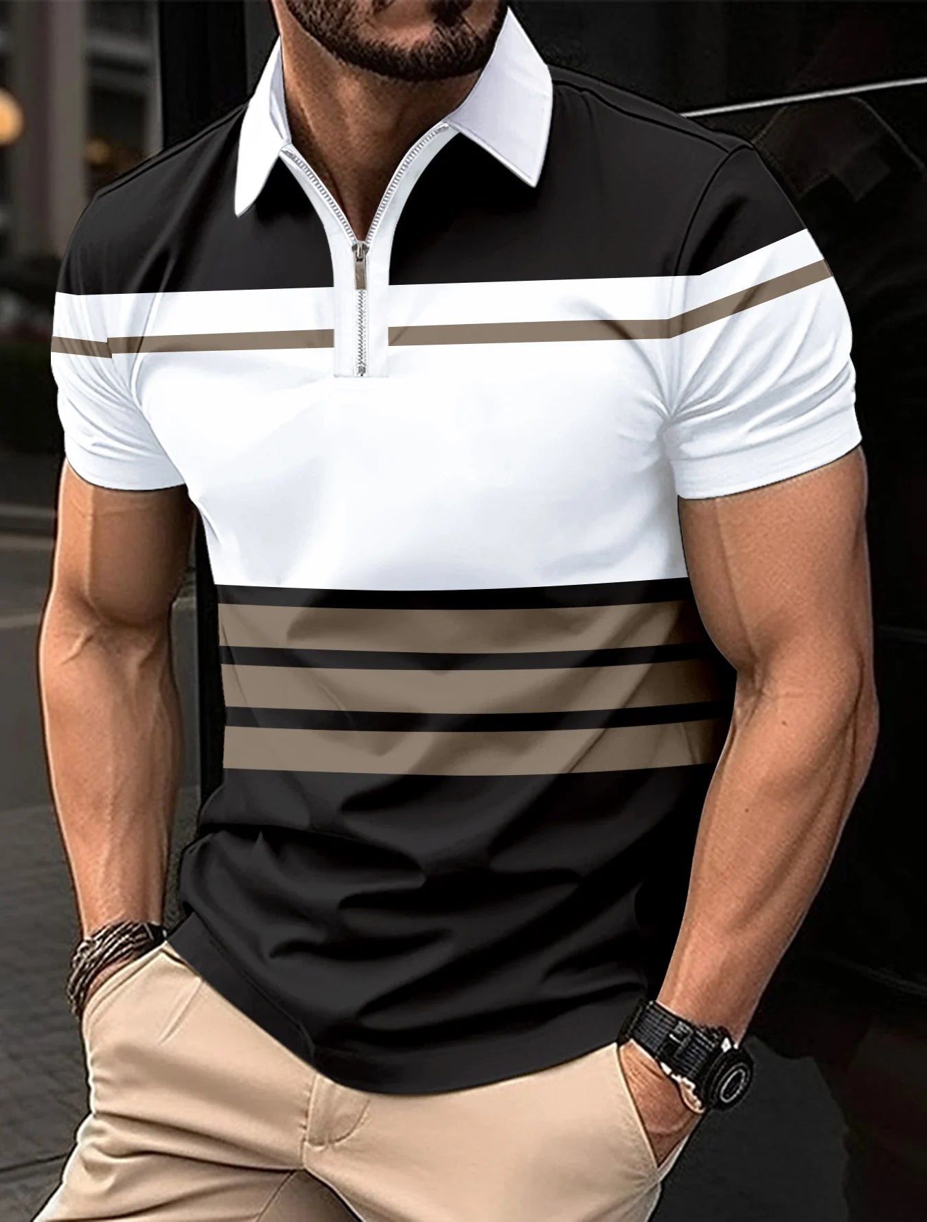 2024 Summer Best-Selling Men's Polo Shirt Lapel Print Men's Clothing Striped Polo Shirt Casual Sports Street Men's T-Shirt
