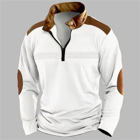 Autumn/Winter Fashion Everyday Casual Solid Color Zipper Chest Pleated Stripe Patchwork Comfortable Long-Sleeved POLO Shirt