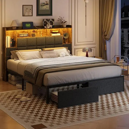 King Size Bed Frame with Bookshelf PU Leather Headboard, 2 Hidden Storage Drawers,Upholstered Platform Bed with Charging Station