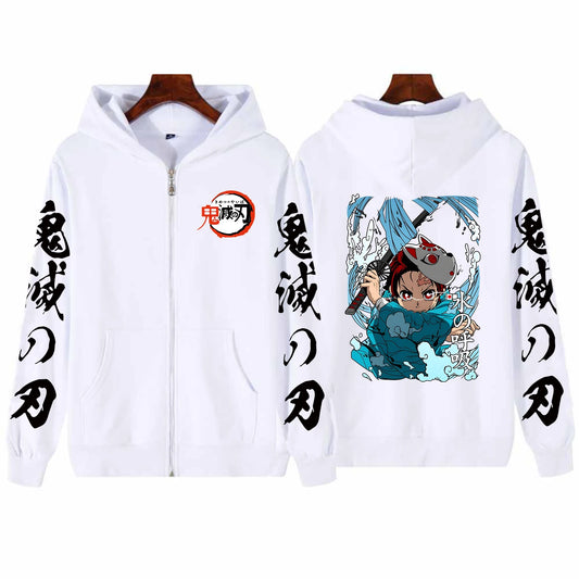 Tsugikuni Michikatsu Demon Slayer Print Zip Up Hoodies Autumn Fleece Hooded Tops Men Women Comfortable Zipper Sweatshirts Coats