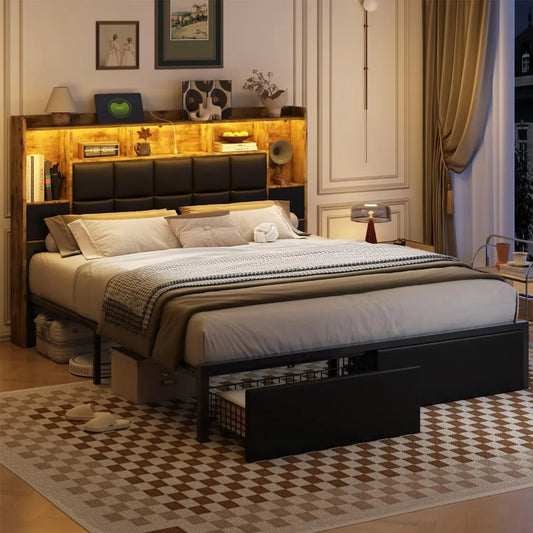 King Size Bed Frame with Bookshelf PU Leather Headboard, 2 Hidden Storage Drawers,Upholstered Platform Bed with Charging Station